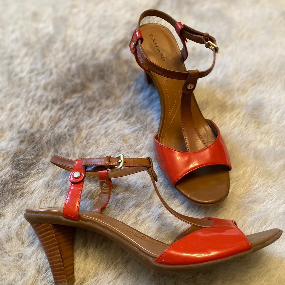 Tahari T-strap Coral and Tan heel